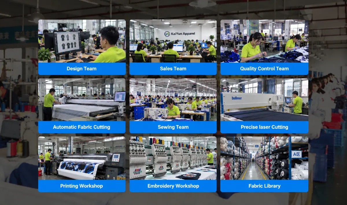 Factory collage showing design, cutting, sewing, printing and fabric storage